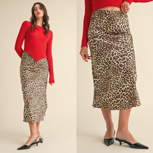 Satin Leopard Midi Skirt